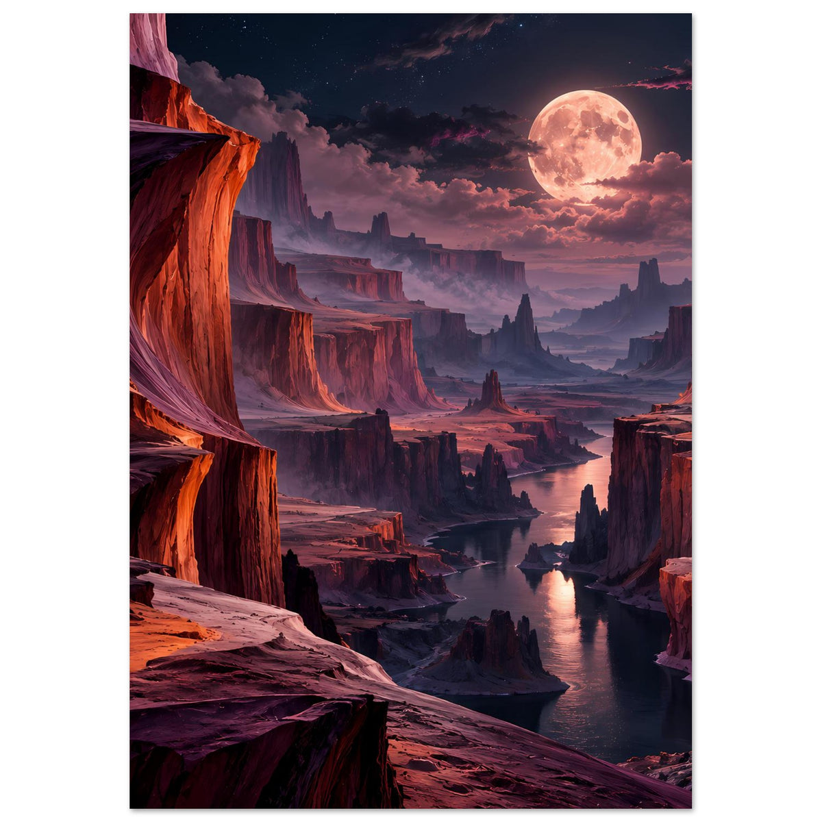 Vertikales Landschaftsposter: Mond über Schlucht mit Fluss, roten Felsen und dramatischem Himmel.