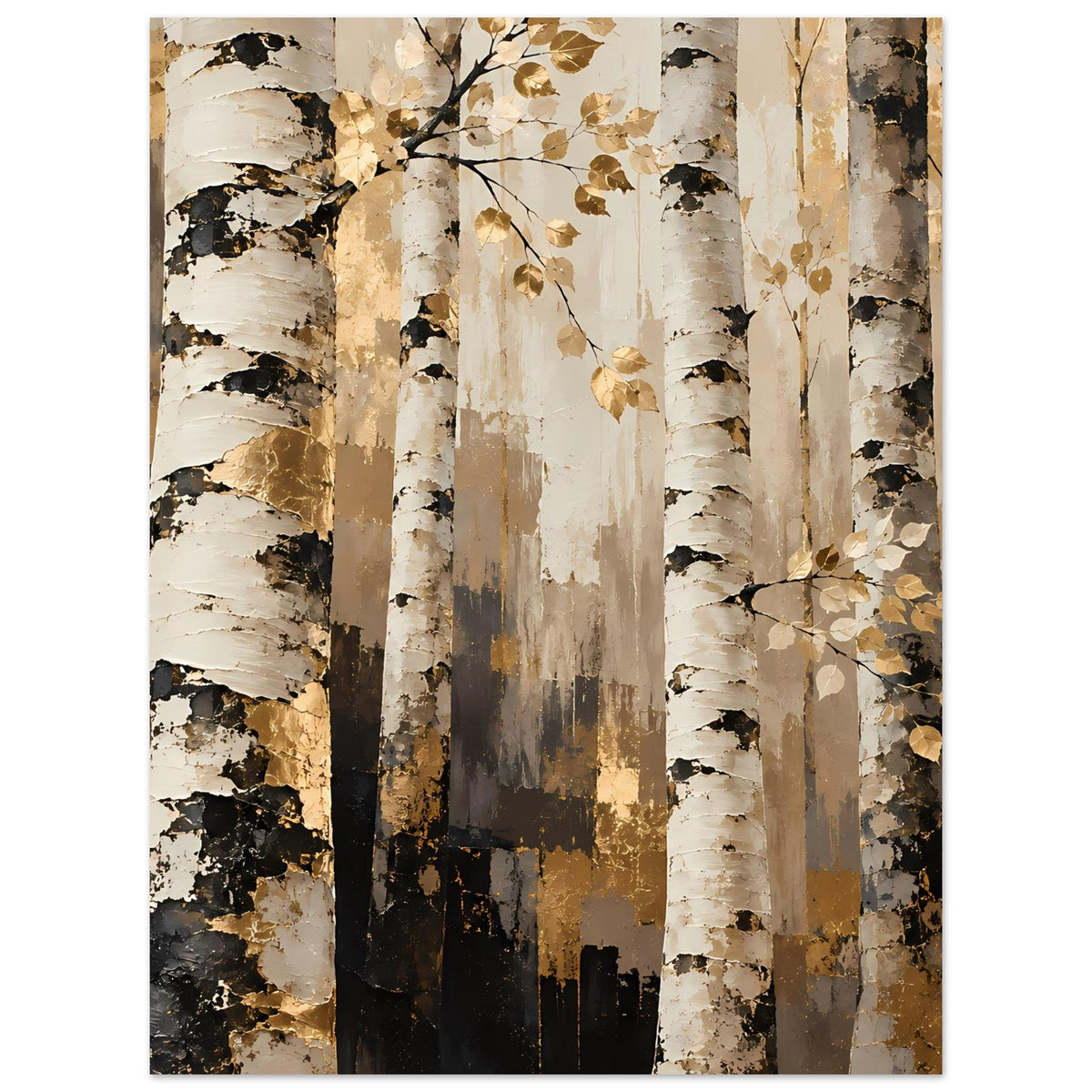 Naturposter mit Birkenwald-Motiv, warmen Erdtönen und goldenen Blätterranken über den Stämmen.