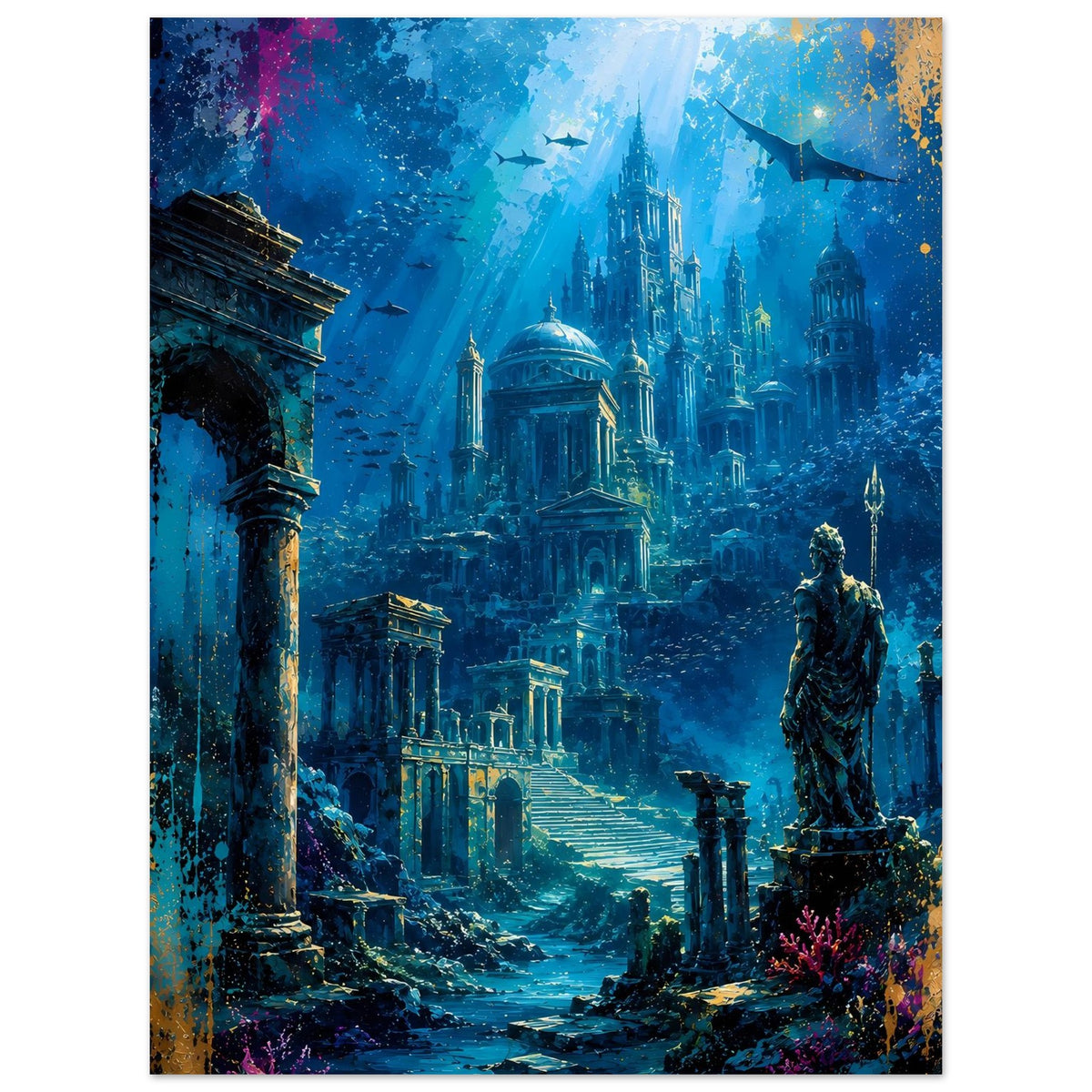 Hochformat-Poster: Atlantis-Stadtansicht mit Säulenreihe und Statue nahe Vorderkante