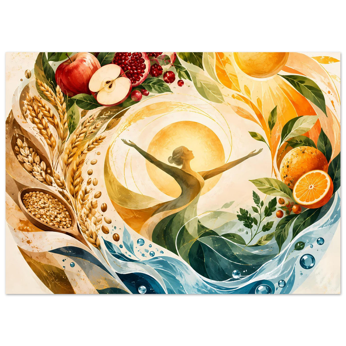 Naturposter mit Sonne, blauen Wasserwellen und Ernte-Illustrationen aus Weizen, Obst und Blättern