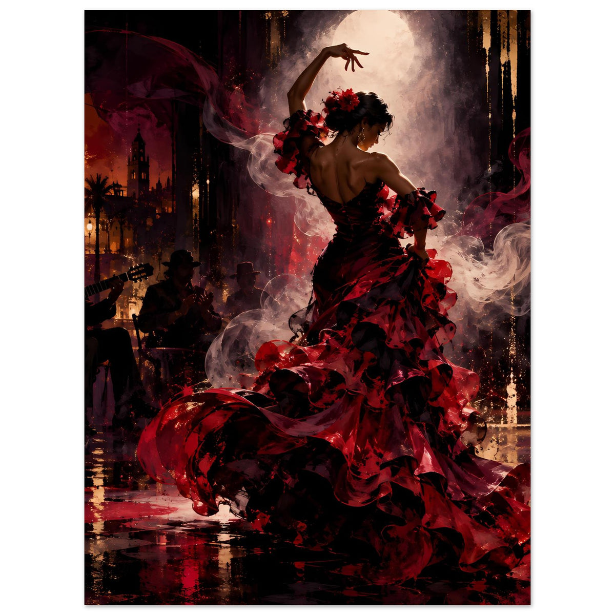Poster mit Flamenco-Tänzerin im schwarzen Kleid mit roten Rüschen, tanzende Ganzfigur