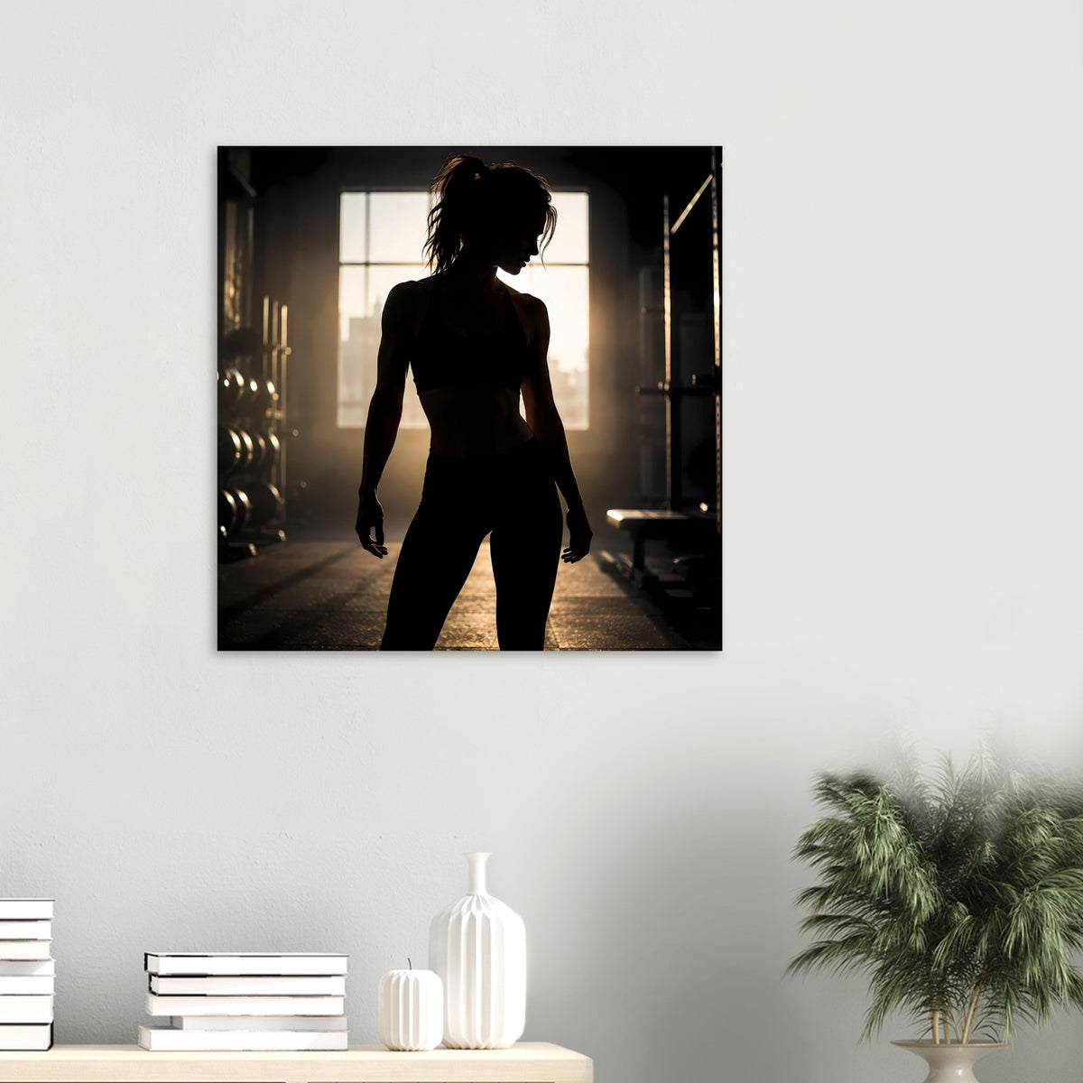 Fitness-Poster: Silhouette einer Sportlerin im dunklen Sportoutfit, mittig ausgerichtet