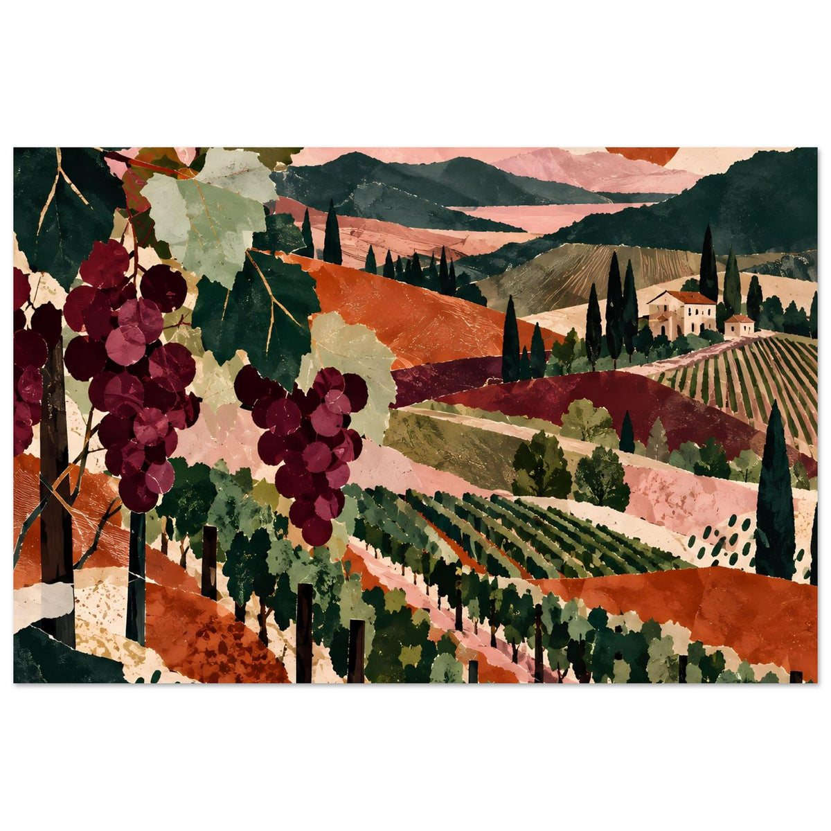 Weinreben-Landschaftsprint mit roten Trauben, Weinbergshängen, Bergen und kleinem Schloss