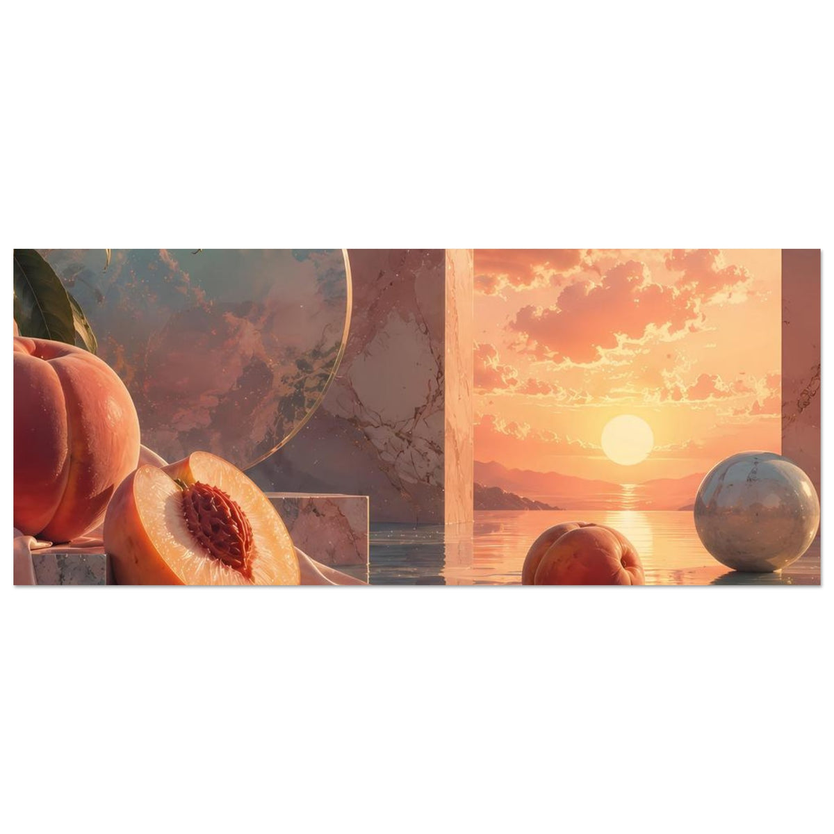 Breites Poster: Pfirsichhälfte links, Pfirsichkugel und Kugelobjekt rechts, Sonnenuntergang