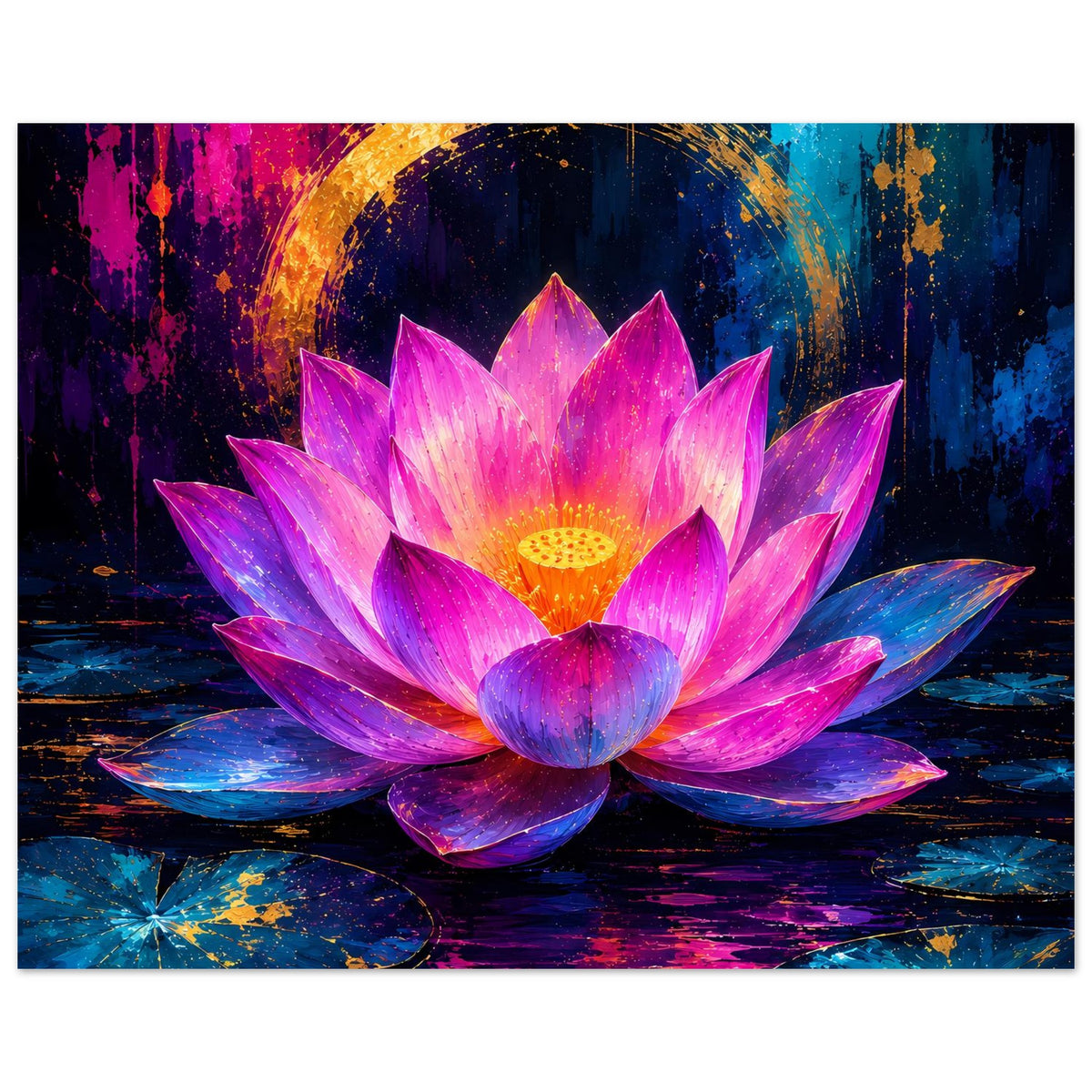 Blumenposter (horizontal) mit leuchtender Lotusblüte in Rosa und Violett, goldener Bogen