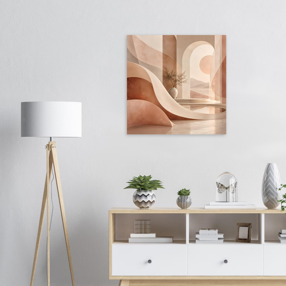 Abstraktes Poster im Holzrahmen mit Torbogen-Motiv in warmen Beige- und Rosatönen