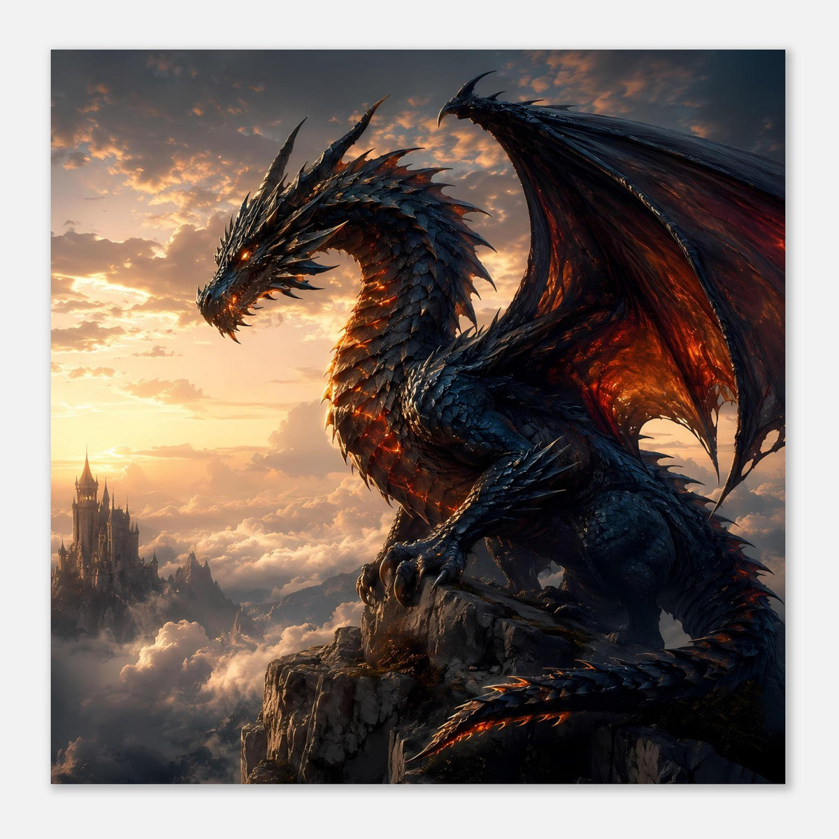 Fantasy-Poster im Querformat: blauer Drache auf Felsen, leuchtendes Auge