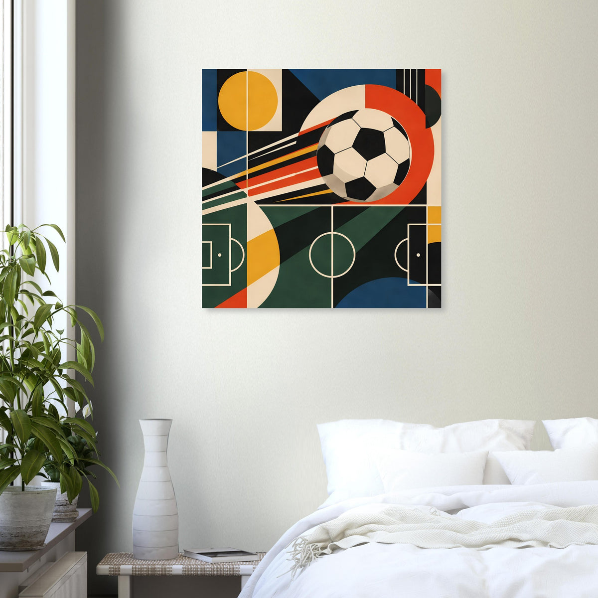 Gerahmtes Kunstposter: abstrakte Fußballgrafik mit Spielkreislinien und bunten Formen