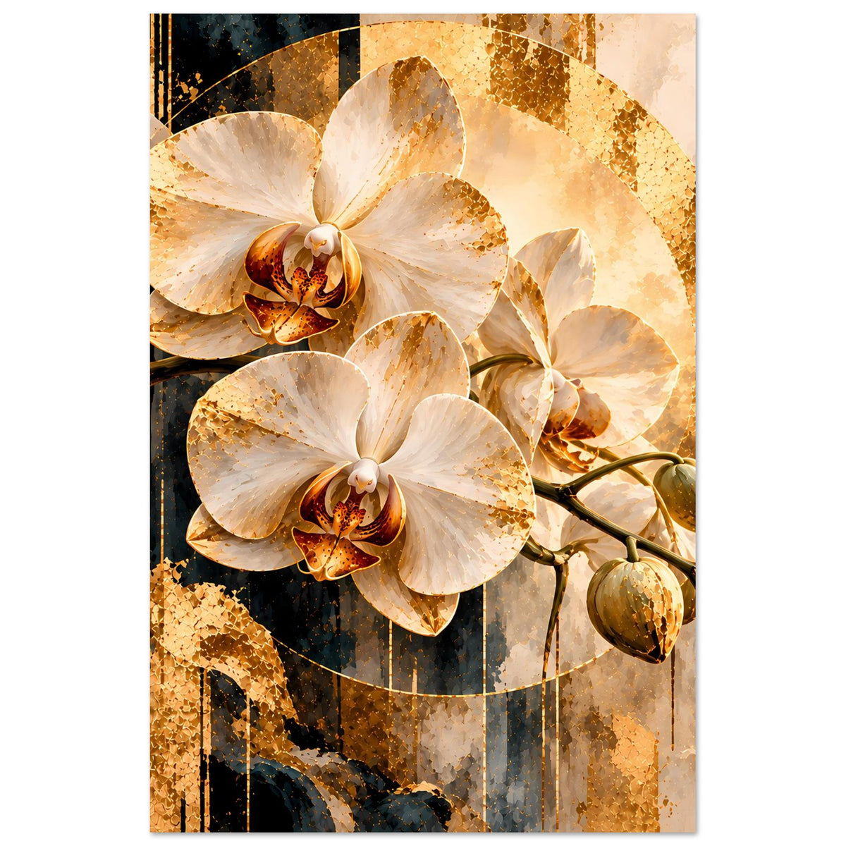 Orchideen-Kunstposter im Hochformat: weiße Orchideenblüten, goldene Kreislinie und verzweigter Stiel