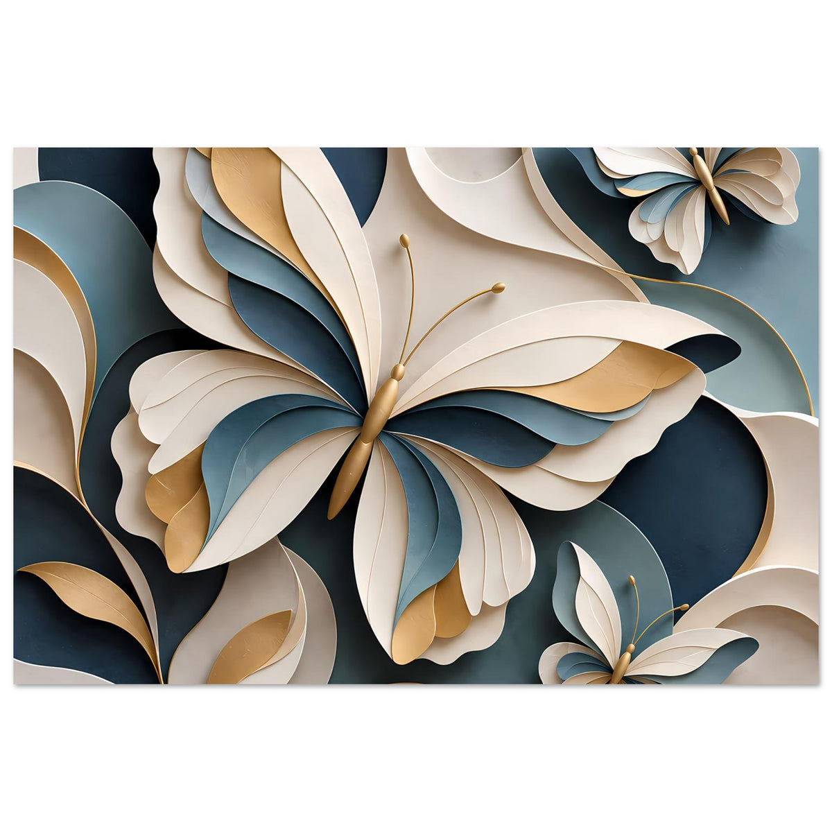 Wandposter mit zentraler Schmetterlingsblüte und geschwungenen Blattformen in Blau und Gold