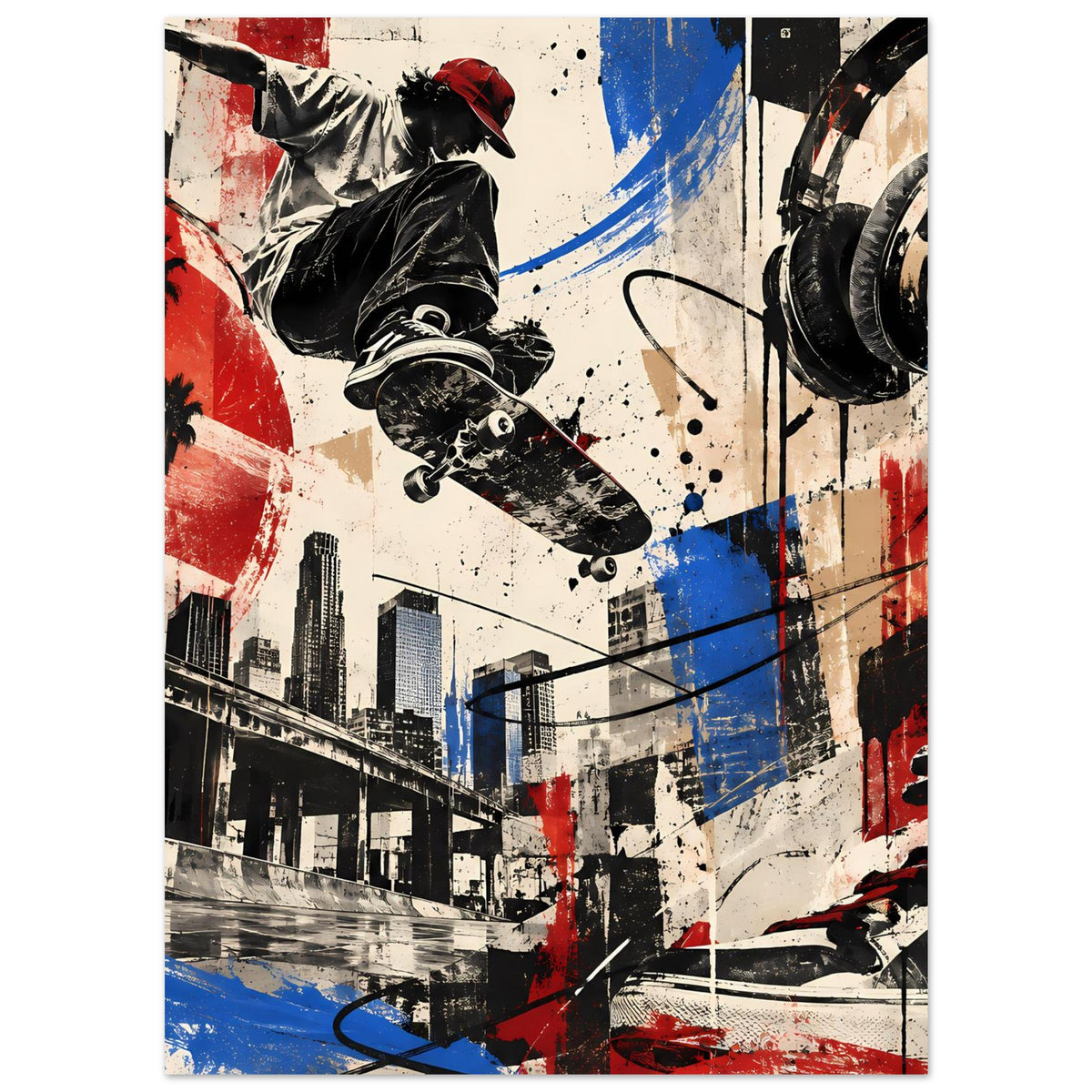 Poster mit Skateboard-Figur in Schwarz, mehrfarbigen Farbspritzern in Rot und Blau