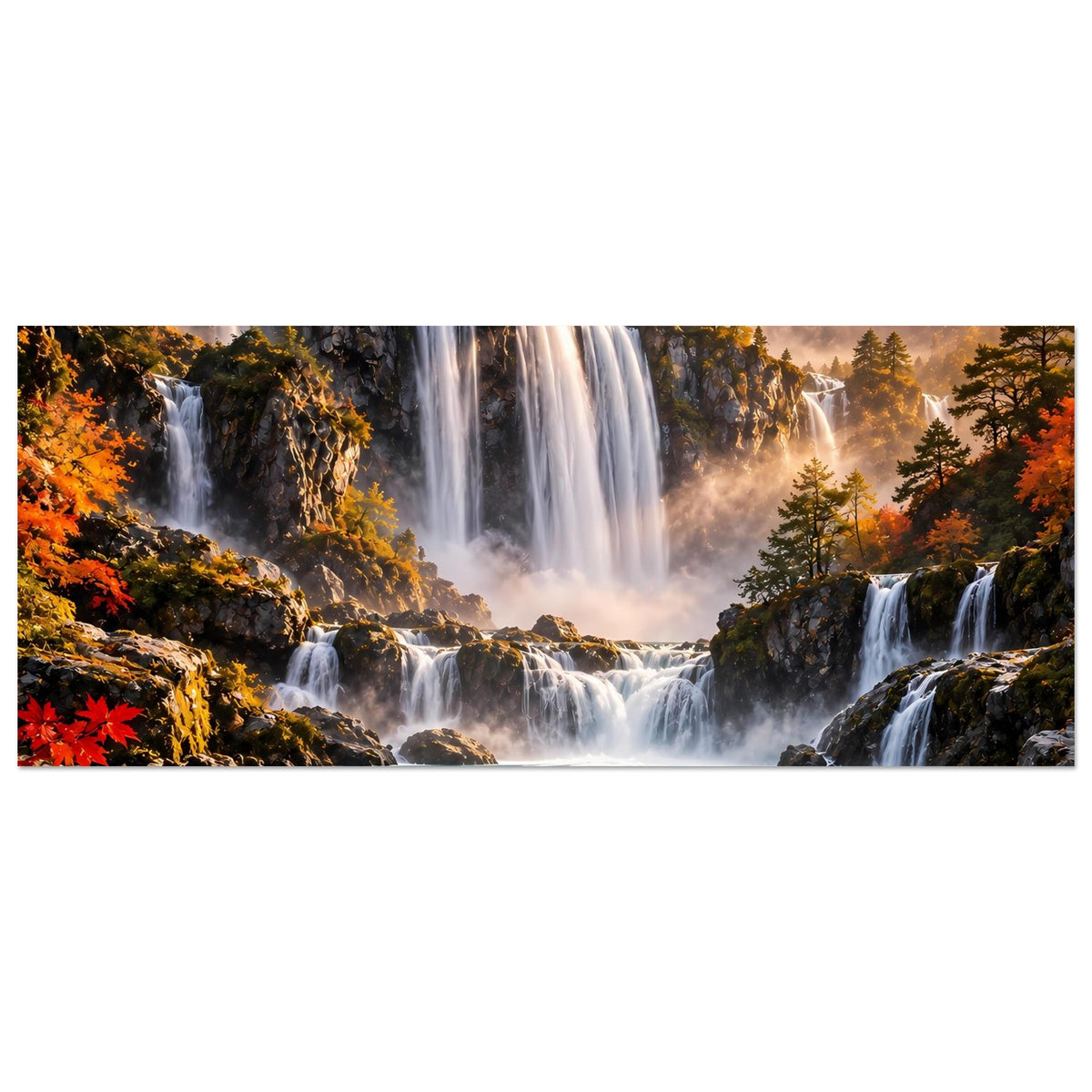 Poster mit Wasserfällen und Herbstlaub, Felsen im Vordergrund und ruhigem Fluss