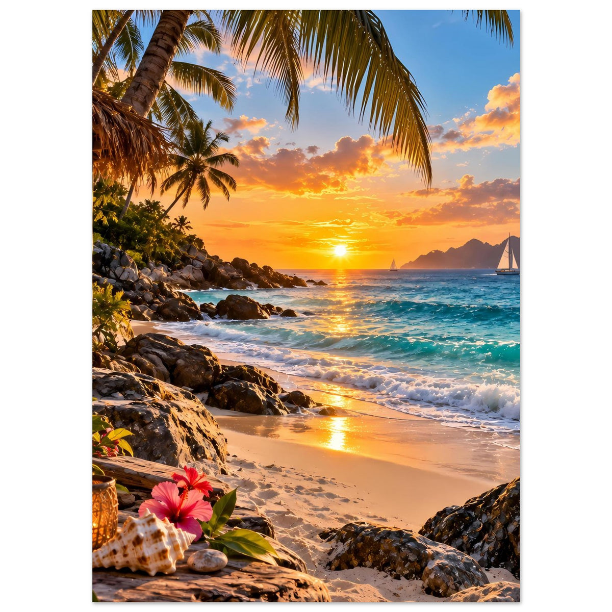Poster tropischer Strand Sonnenuntergang im Hochformat: Palmen, Küste, Felsen und Meer