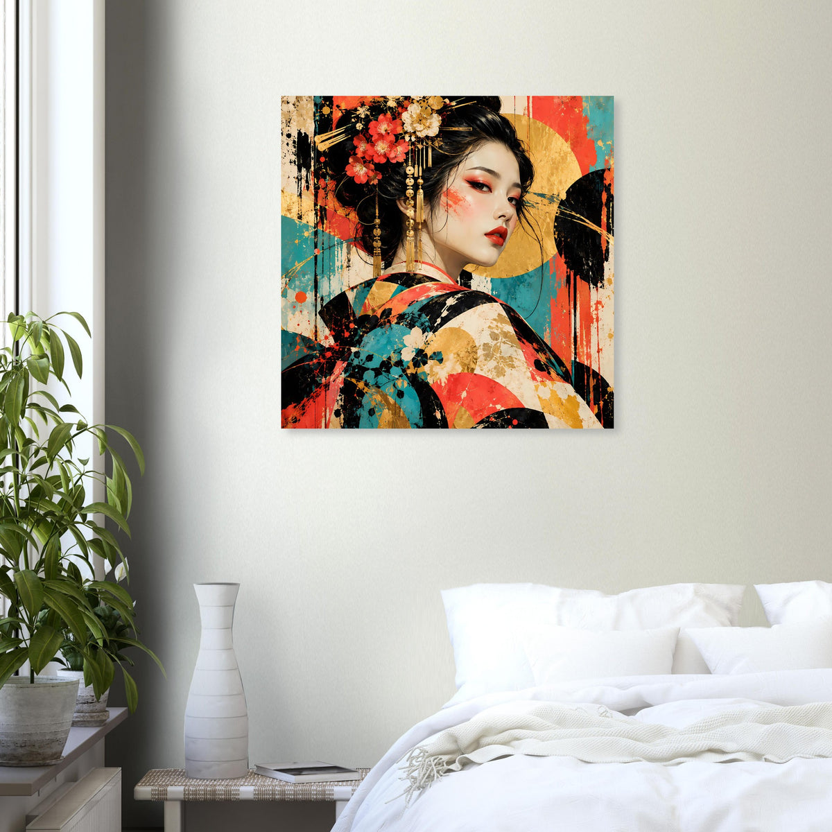 Kunstposter mit Geisha-Profil, schwarzen Haaren, roten und türkisfarbenen Akzenten