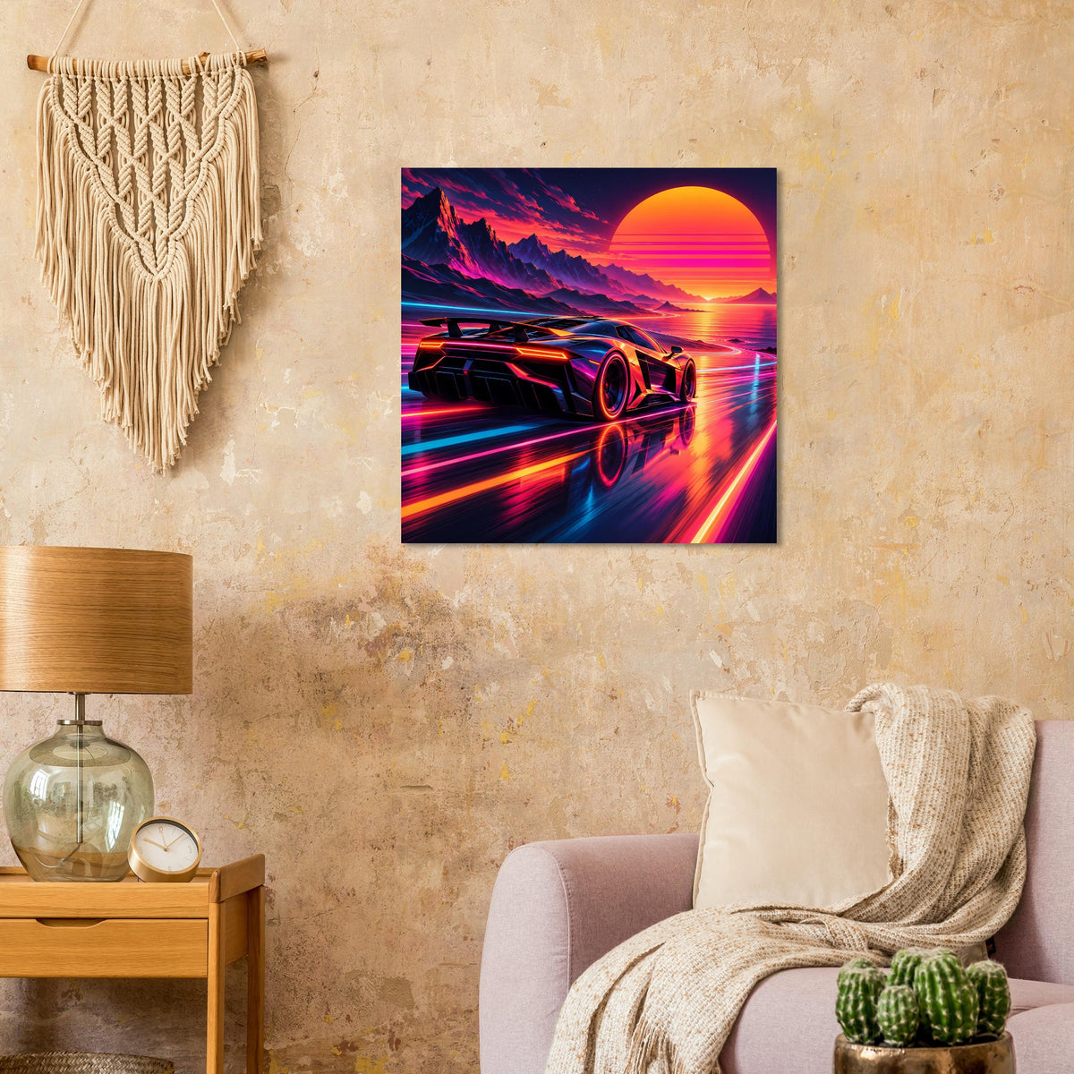 Quadratisches Poster mit neonfarbenem Supercar, Sunset-Himmel und farbigen Fahrspuren
