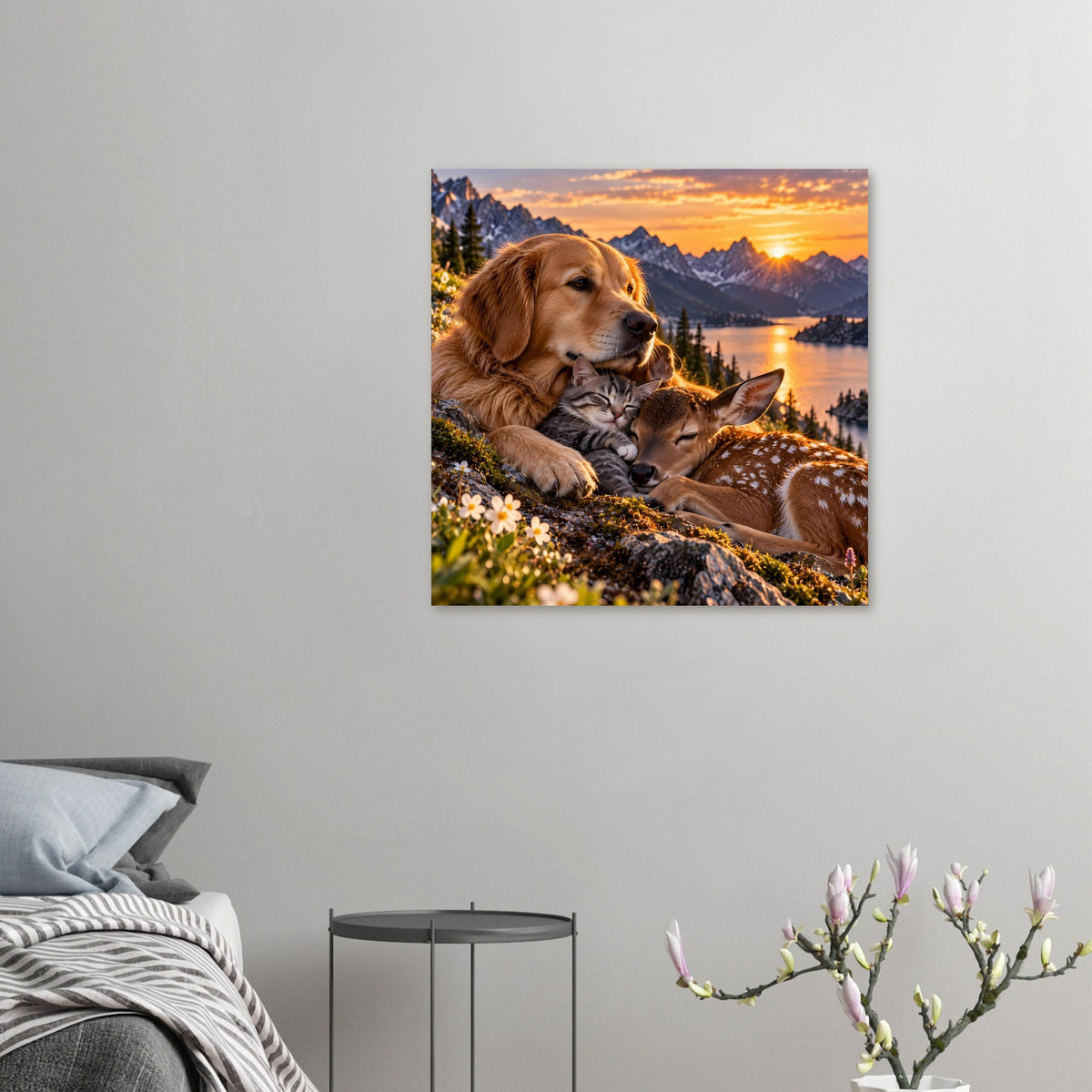 Kleines Poster: goldbrauner Hund, Katze und Reh in Umarmung vor Bergsee