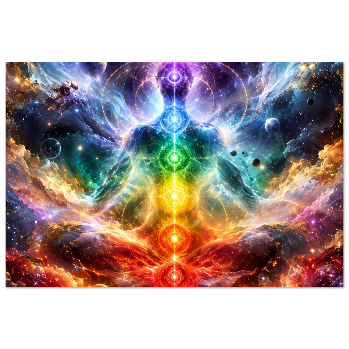 Meditationsposter mit Chakra-Energiefluss und kosmischen Nebeln, kräftige Regenbogenfarben