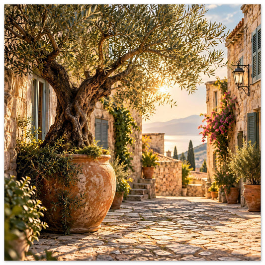 Mediterranes Zierposter mit Olivenbaum und Terrakotta-Gefäßen auf sonnigem Gassenweg