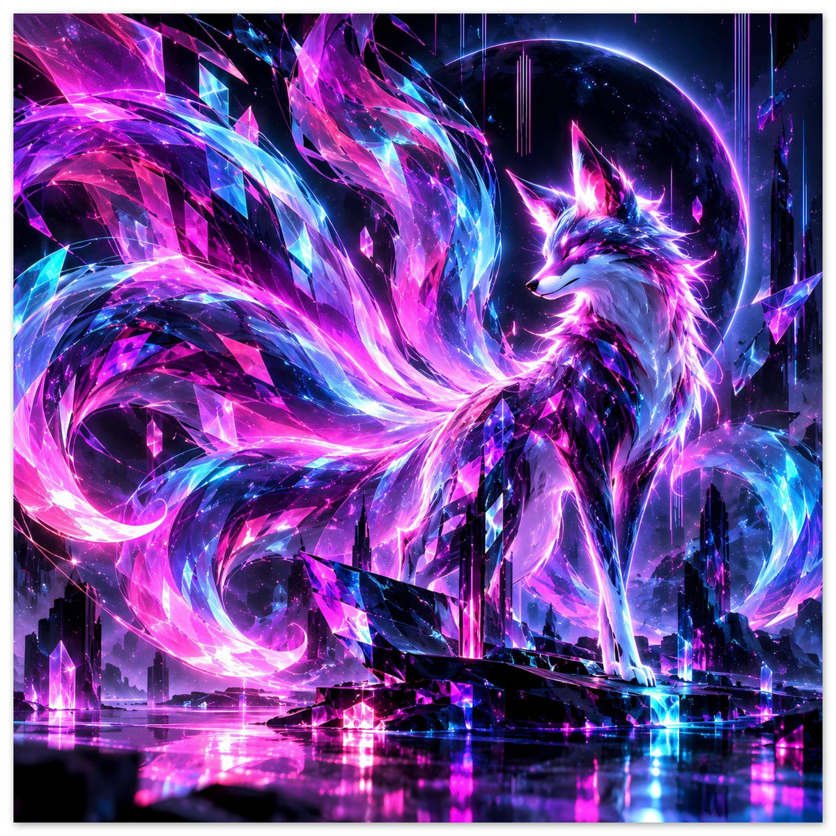 Fantasy-Poster mit leuchtendem Neonfuchs, violetten und blauen Kristalllichtern über Stadtspiegeln