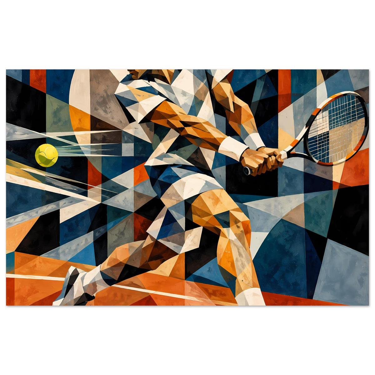 Horizontales Kunst-Poster mit geometrischer Tennisfigur, Schläger und gelbem Ball