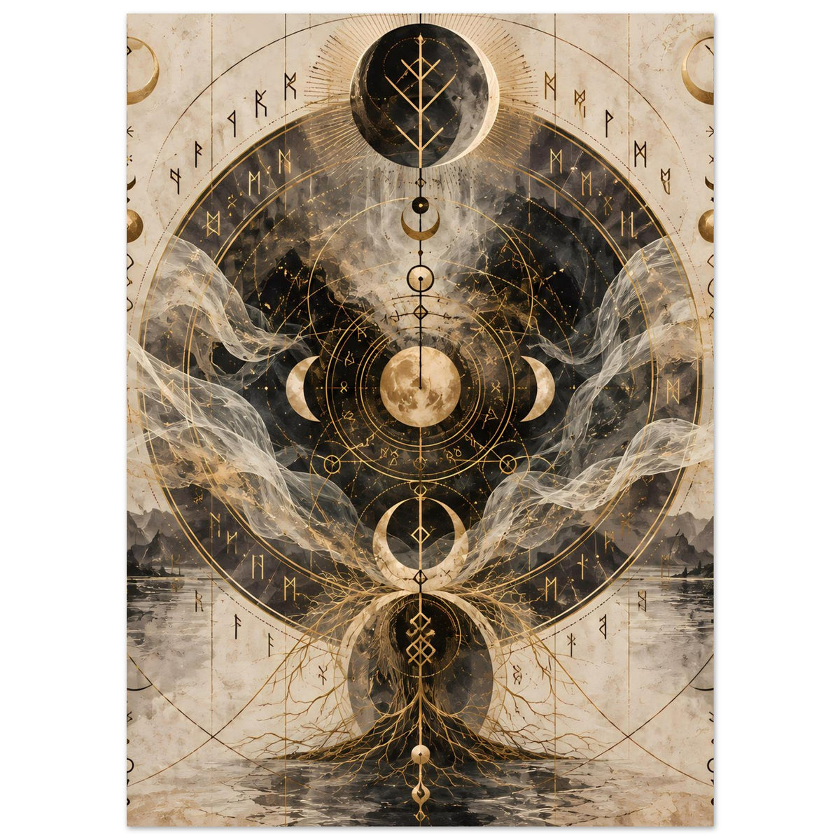 Poster mit Mondphasen im Kreis, goldener Ornamentik und dunklem Sternbild-Ausschnitt