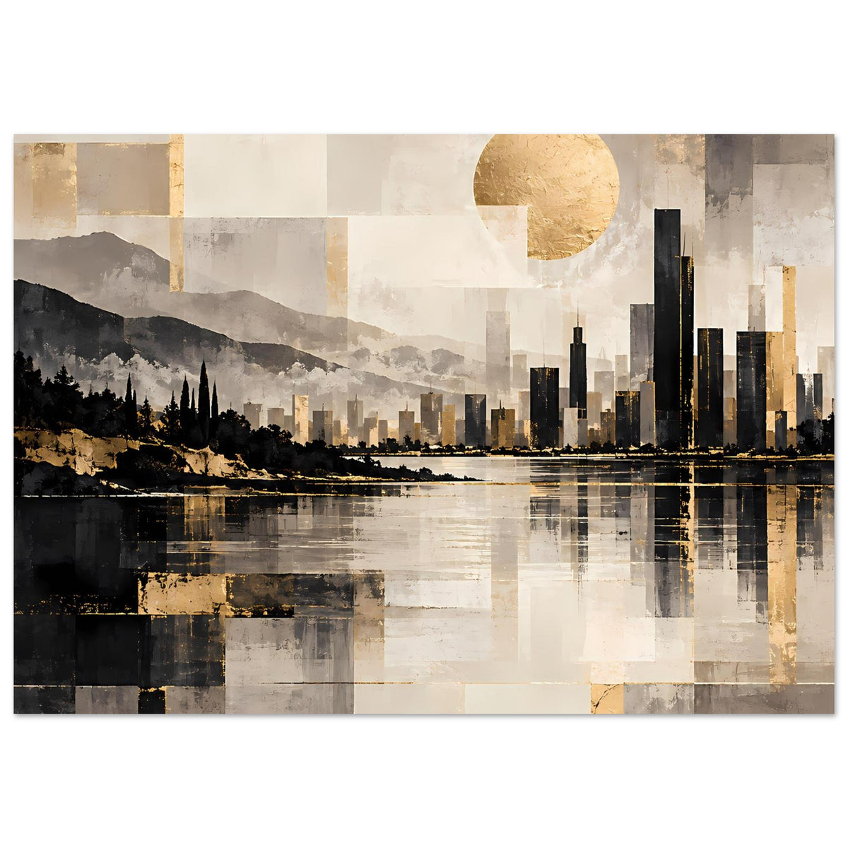 Stadtlandschaftsposter mit goldener Sonne, dunkler Skyline und Wasser-Spiegelung