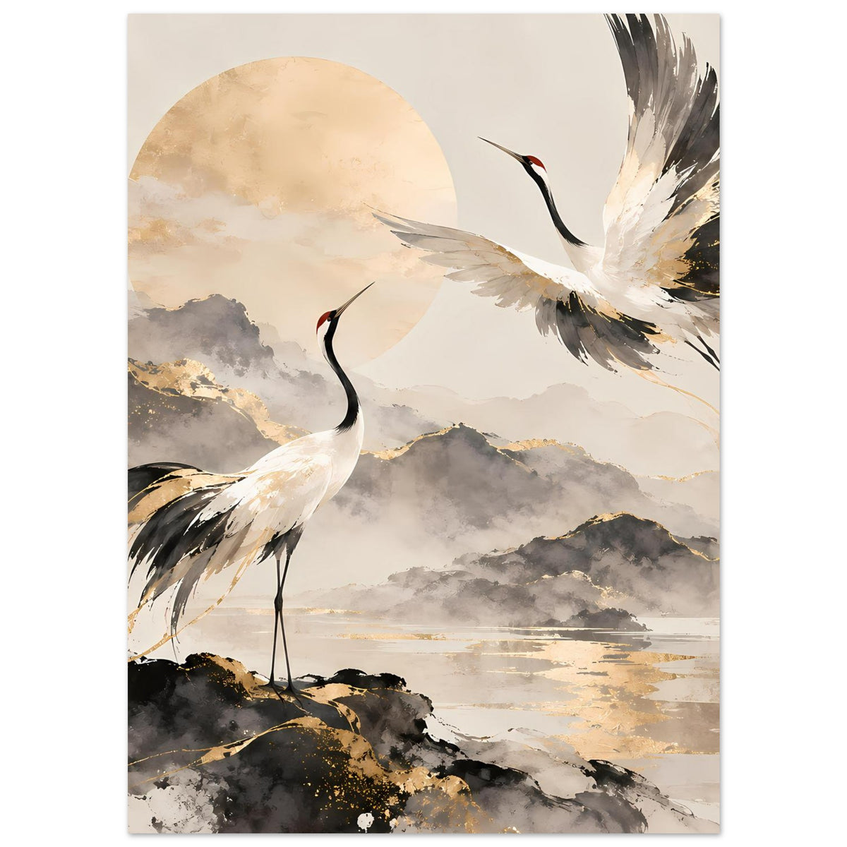 Poster mit Kranich im Vordergrund und ausgebreiteten Flügeln, Sonne im Kreis, See