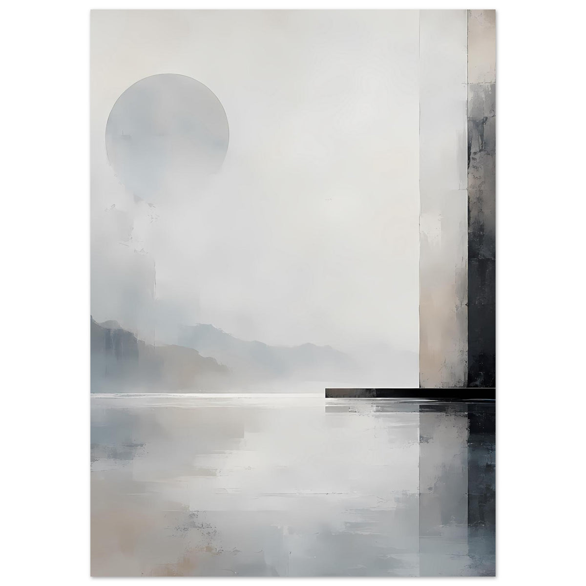 Abstraktes monochromes Landschaftsposter mit Bergnebel, großem Kreis und dunklem Rand rechts