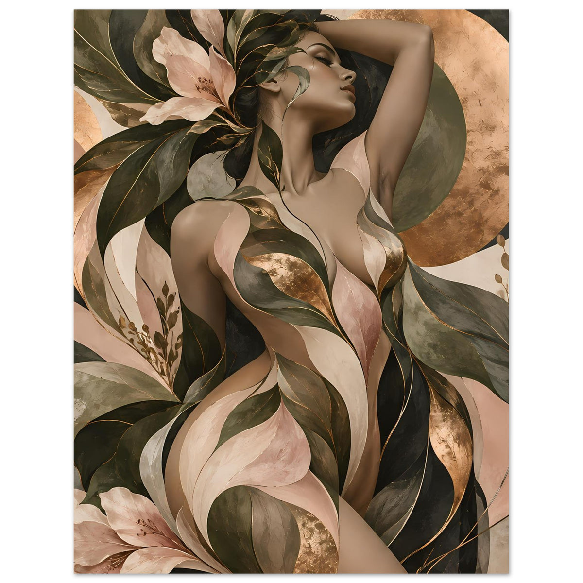 Poster mit Frauenakt und floralen Blättern in Grün- und Beigetönen mit Goldakzenten