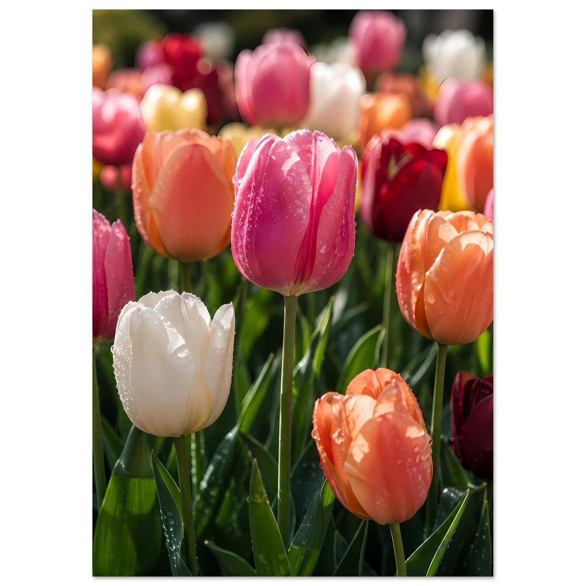 Hochformat-Poster mit bunten Tulpenblüten in Pink, Orange und Weiß