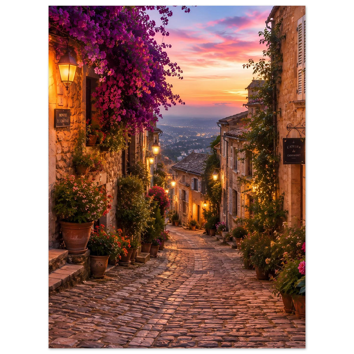 Poster im Hochformat: Dorfgasse mit warmen Laternen, Kübeln mit Grünpflanzen und Blüten