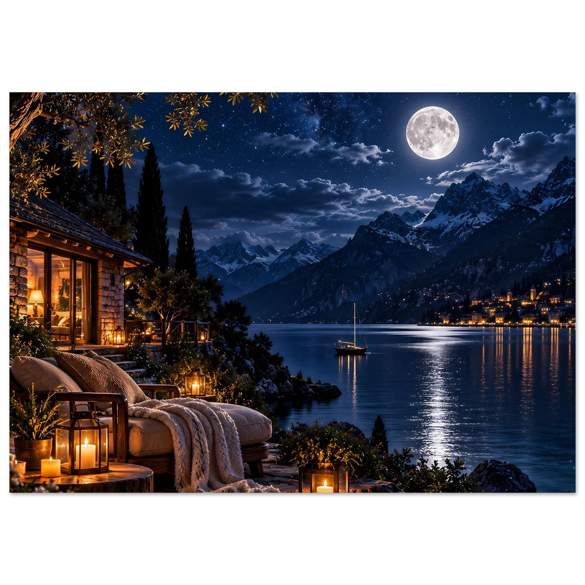 Poster mit Mondschein über Bergsee, Holzhaus am Ufer und Laternenlicht im Vordergrund