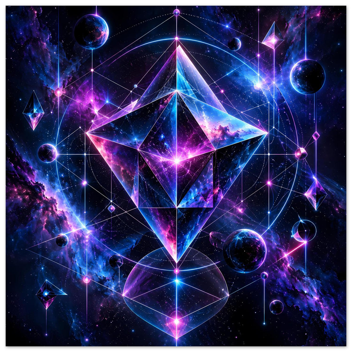 Vertikales Cosmos-Geometrieposter mit großem Diamantstern, Planetenringen und Sternen