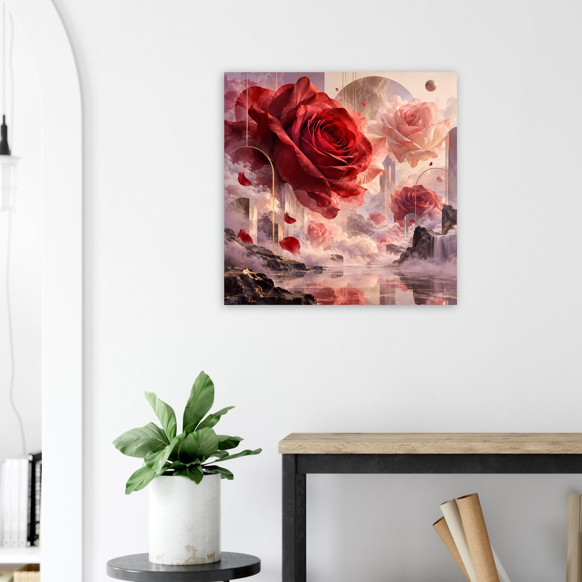 Quadratisches Poster mit roten und rosafarbenen Rosen, abstrakte Wolken und Rauch