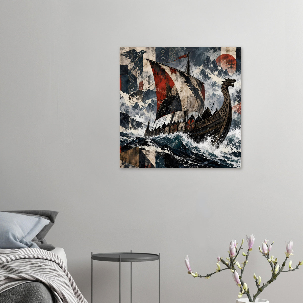 Wikingerschiff-Poster im Querformat, Segelboot über Wellen mit roten Segelflächen
