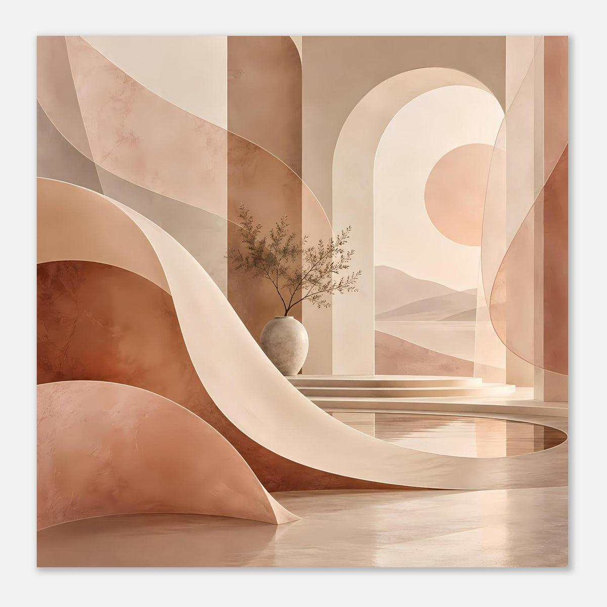 Abstraktes Poster mit Archway-Krümmungen in Creme-, Rosa- und Ockertönen, gerahmt