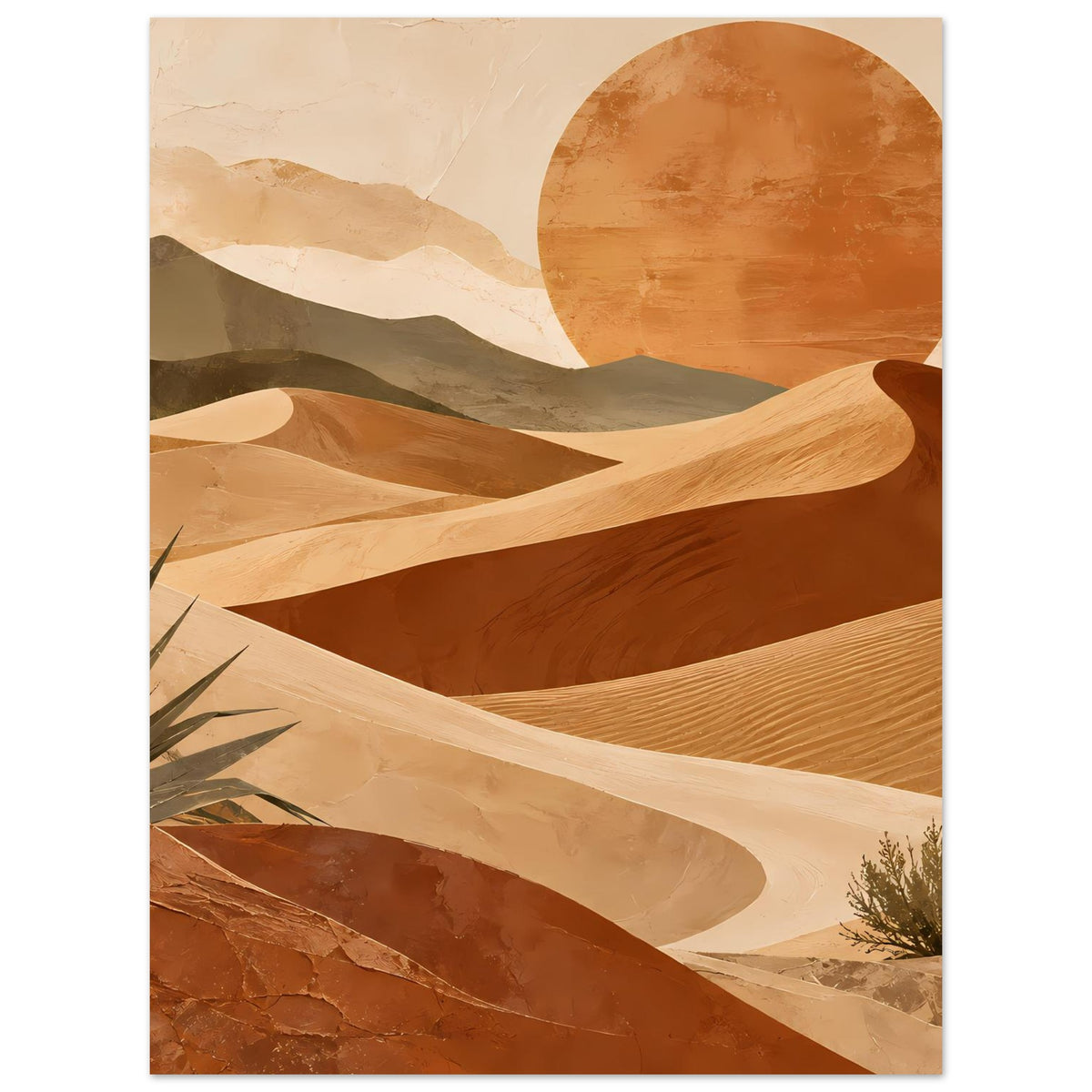 Poster mit Wüstenlandschaft und runder Sonne, geschwungene Dünenlinien und gelbbraune Farbtöne