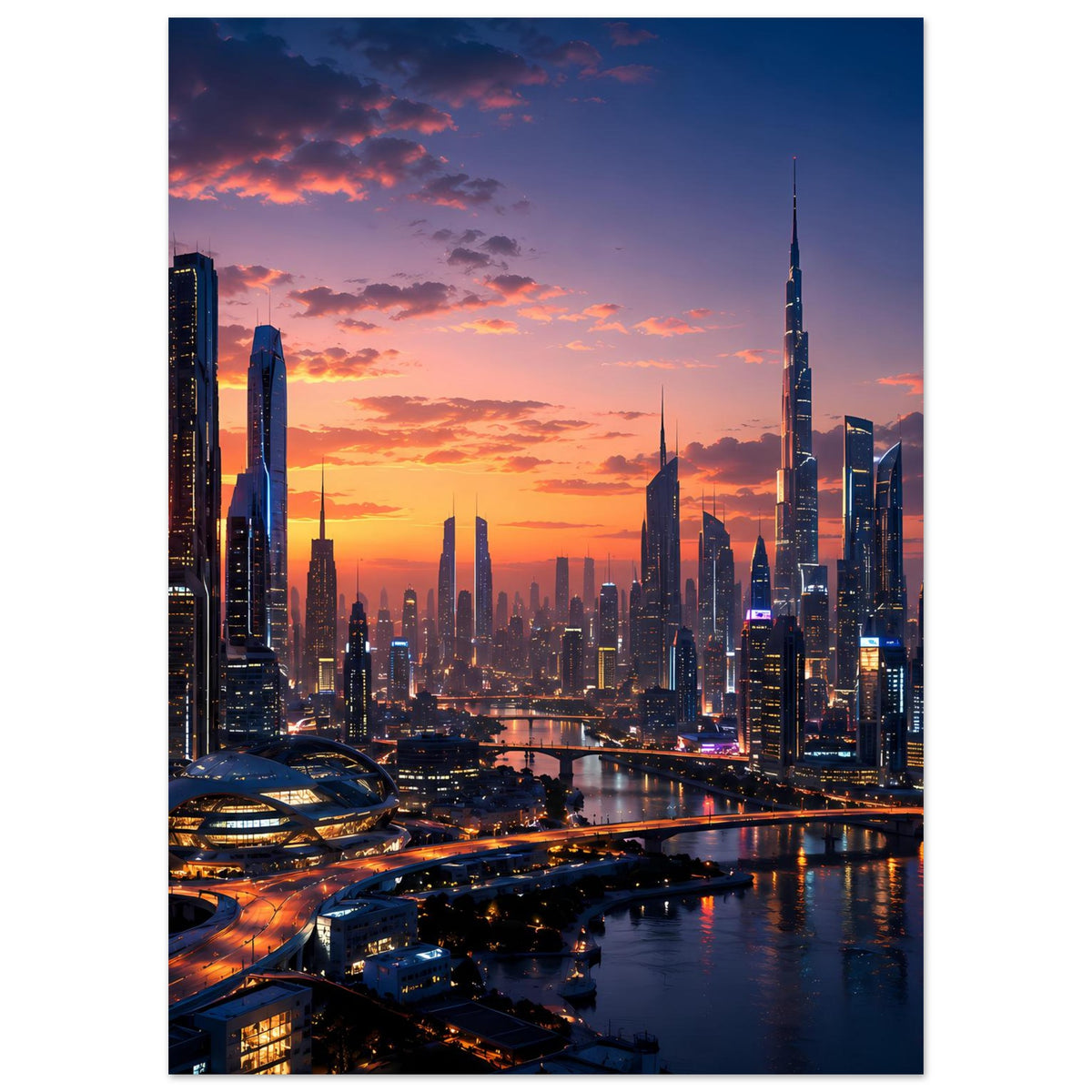 Hochformat-Poster mit Stadt-Skyline bei Sonnenuntergang, großer Turm und beleuchteter Fluss