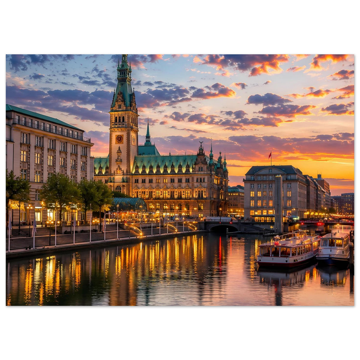 Querformat-Poster: Dom am Flussufer mit Spiegelungen im warmen Abendlicht