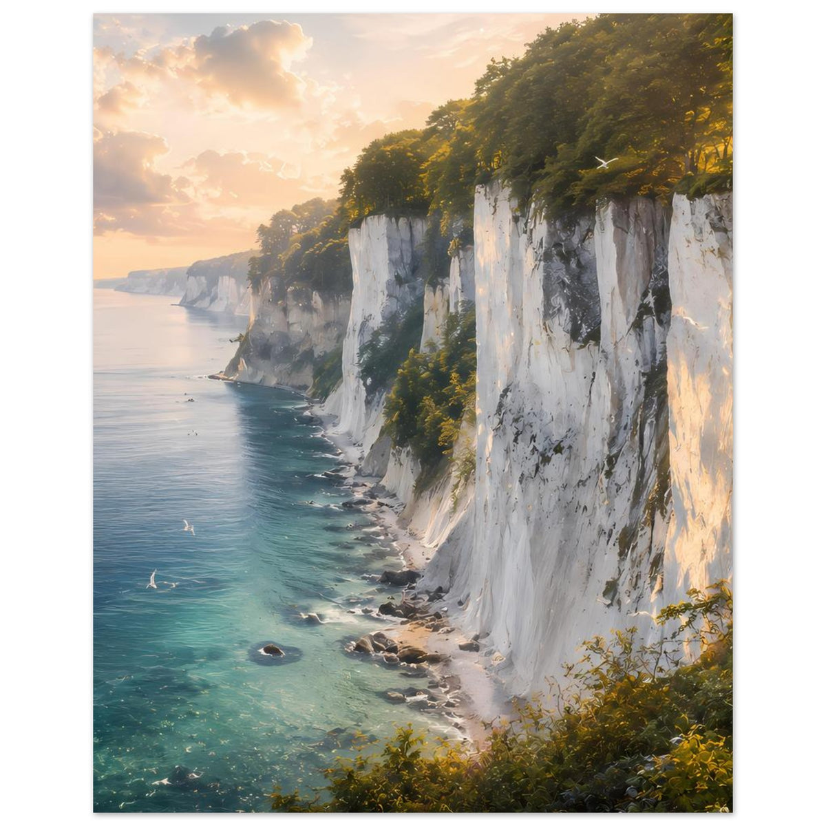 Poster: Blick auf die Steilküste mit türkisblauem Wasser, weißen Felsen und grünen Kronen im Sonnenlicht