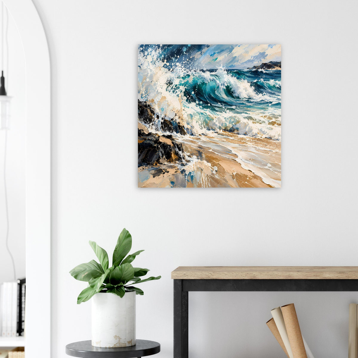 Meerwellen-Kunstposter mit türkisblauer Welle, weißem Schaum und Sand, quadratisch