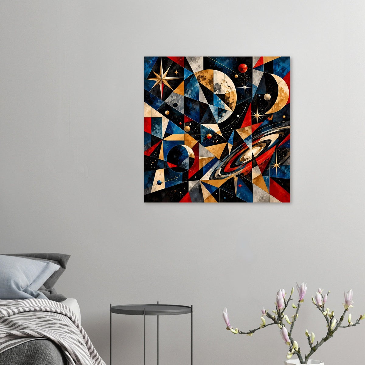 Kleines Weltraum-Poster: abstrakte Geometrie mit Planeten und goldenen Lichtpunkten