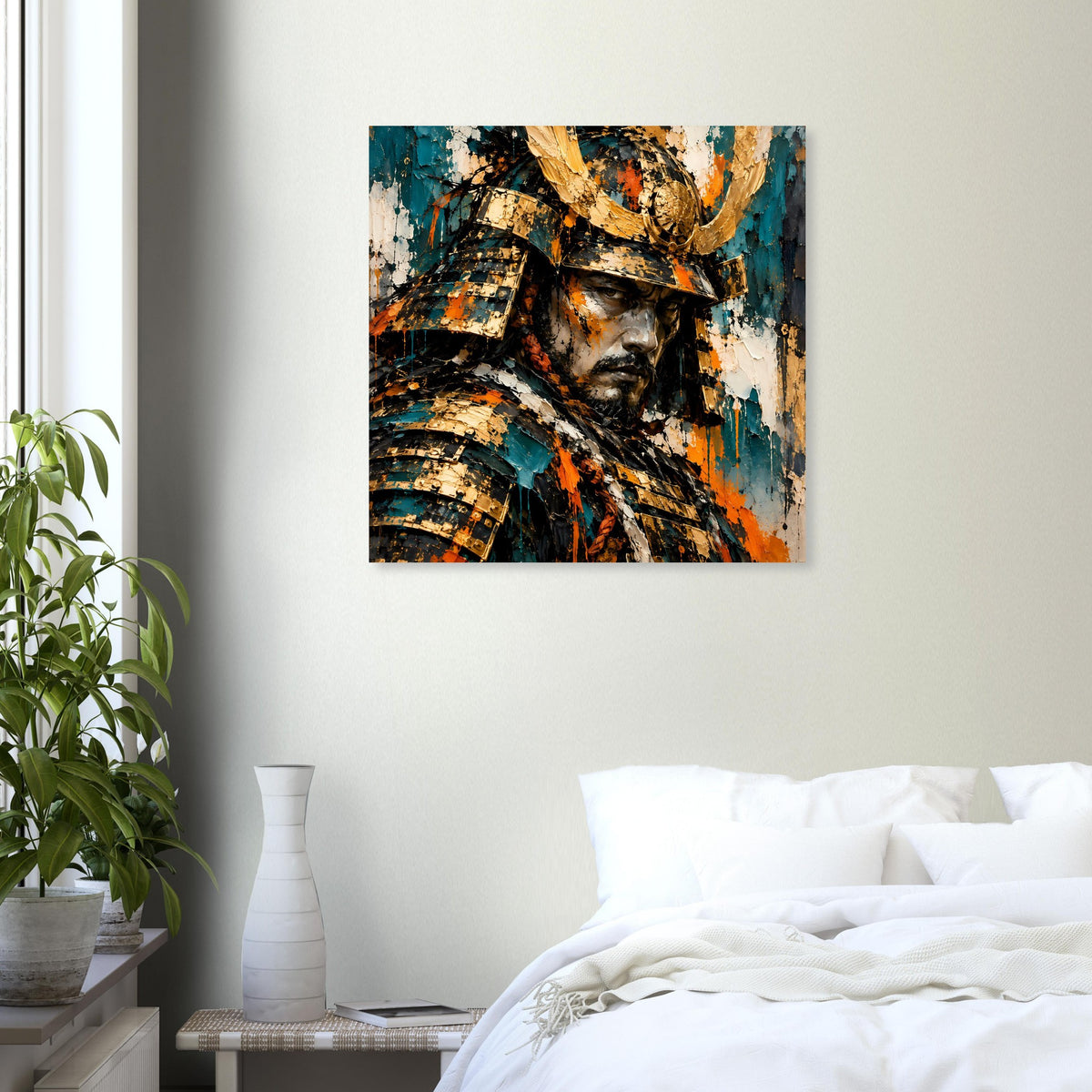 Poster mit Samurai im Helm, türkis, gold und orange Farbauftrag, seitlicher Blick