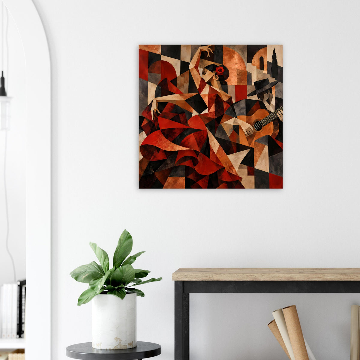 Quadratisches Kunstposter mit abstrakter Tänzerin in Rot, Braun und Schwarz