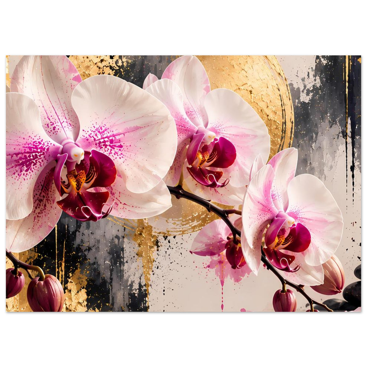 Orchideen-Poster mit weißen Blüten, dunklen Beeren am Zweig und goldenen Spritzakzenten