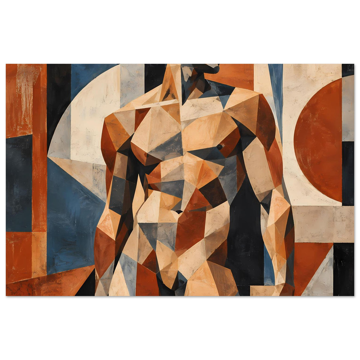 Kunstdruck: geometrischer Männer-Akt mit erhobenem Blick, warmes Braun und Blau
