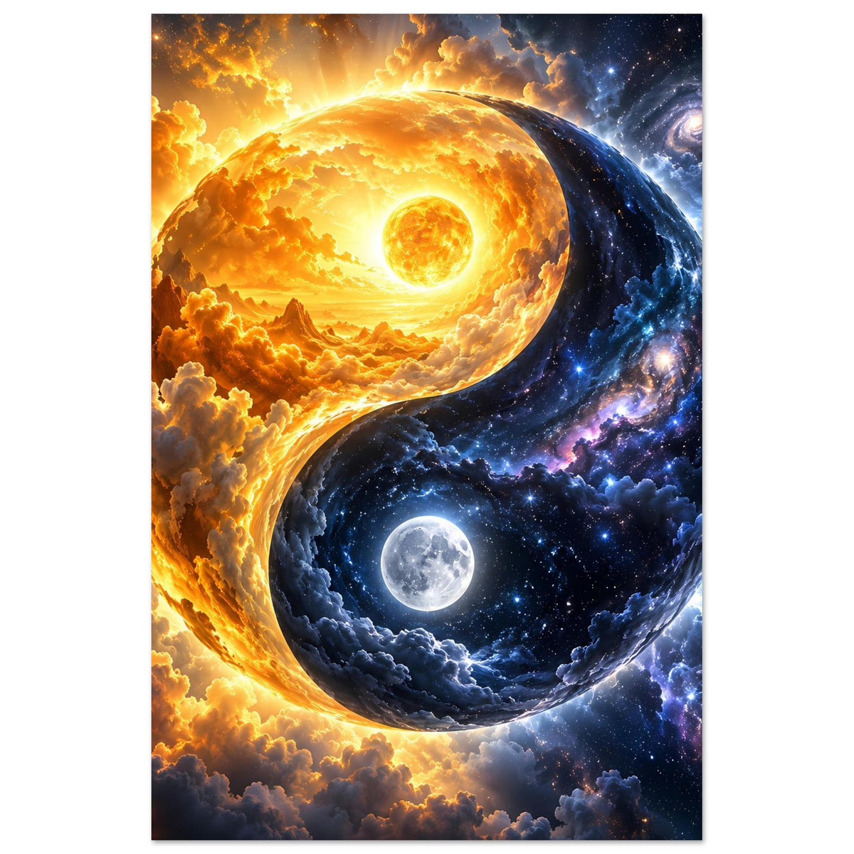 Kosmos-Kunstdruck (Hochformat) mit Yin-Yang-Kontrast: Sonne auf orange, Mond auf blauem All.