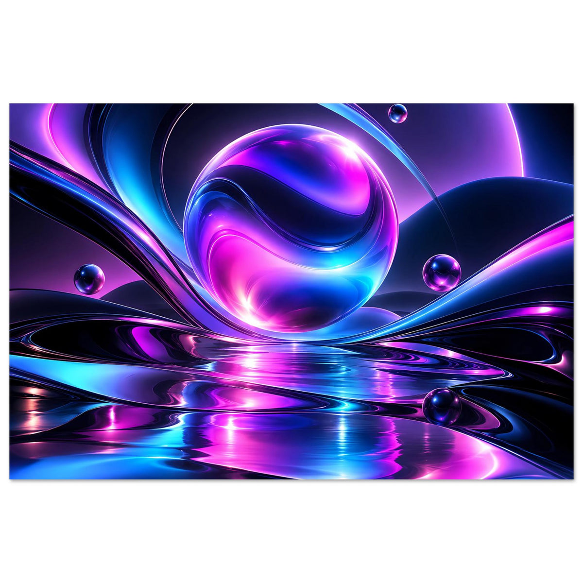 Abstraktes Neonlicht-Poster mit Kugel und Lichtschlangen, glänzende Spiegelreflexion in Blau und Violett