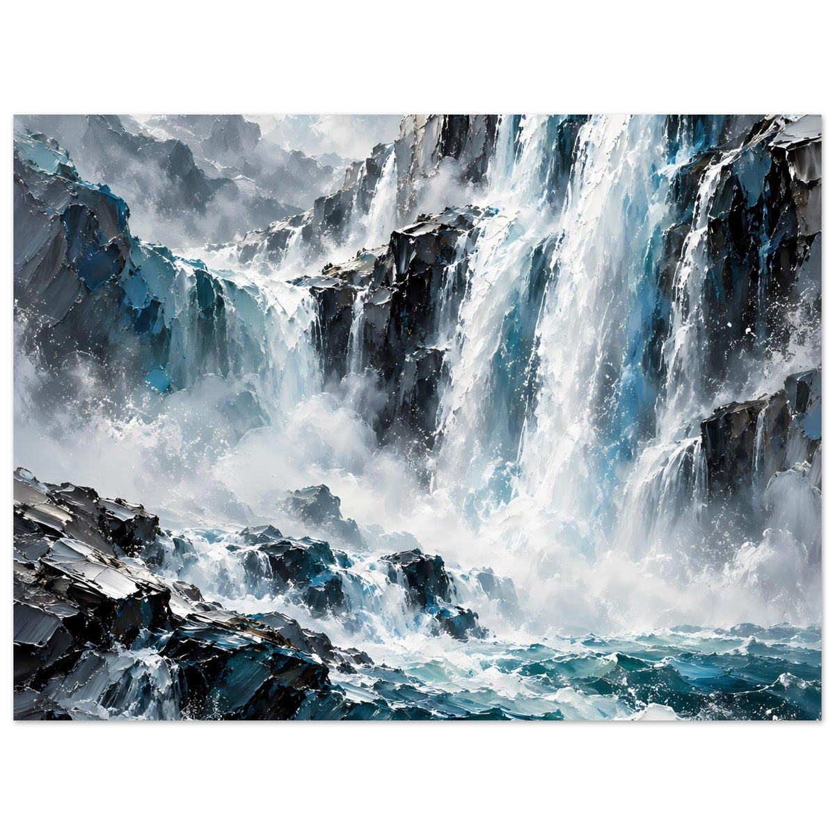 Wasserfall-Ozeanposter im Querformat: Wasserfall, Schaum, dunkle Felsbrocken