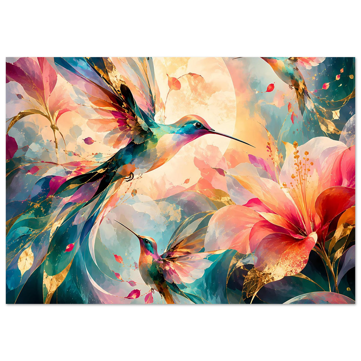 Gerahmtes Kunstposter: Kolibri über farbigen Blüten, aquarellartige Schattierungen
